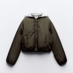 Zara khaki green puffer bomber with detachable gray hood